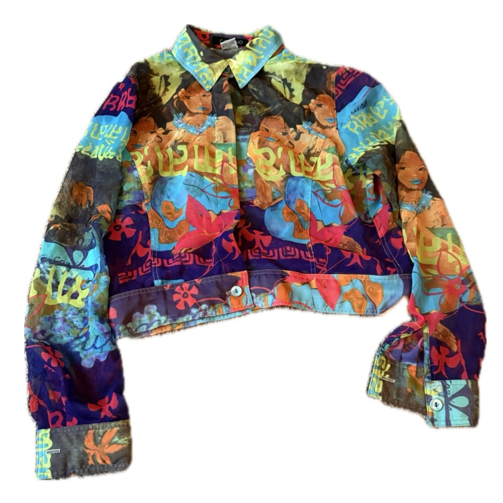 colorful graphic mesh button-up